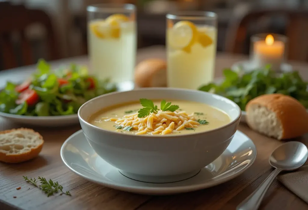 A warm bowl of Chicken Broccoli Cheddar Soup topped with shredded cheddar cheese and fresh parsley, served with a side of crusty bread, a green salad, and lemonade on a cozy dining table with soft lighting.