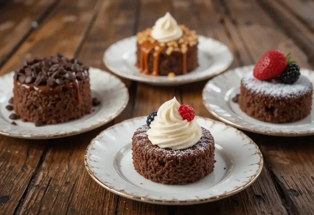 Assorted Chocolate Rice Cake variations on a rustic wooden table with unique toppings.
