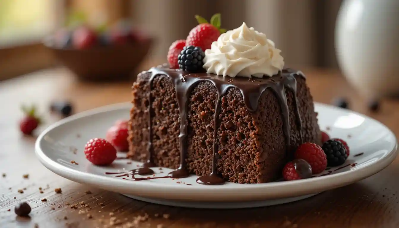 Realistic Chocolate Rice Cake on a white ceramic plate drizzled with melted chocolate, garnished with whipped cream and fresh berries.