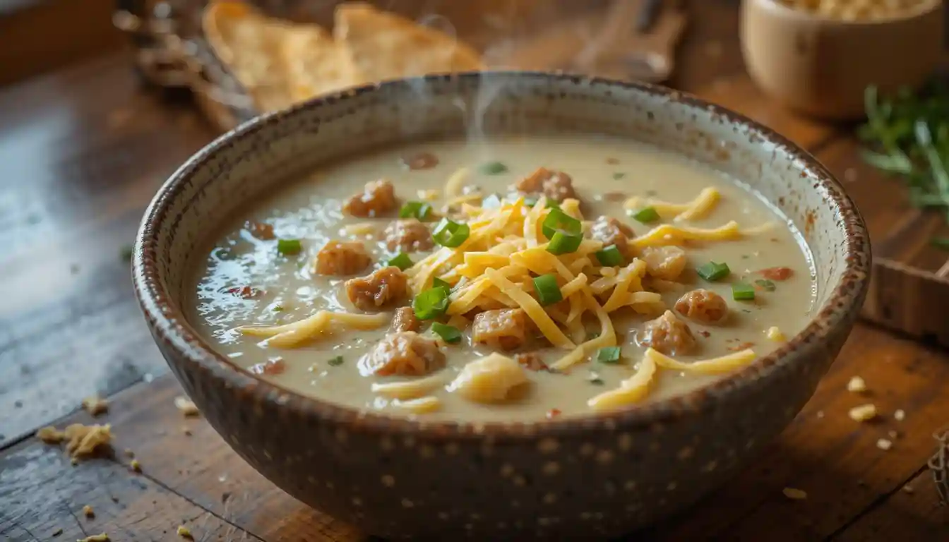 A steaming bowl of Hamburger Potato Soup with chunks of beef, diced potatoes, carrots, and celery, garnished with shredded cheese and parsley on a rustic table.