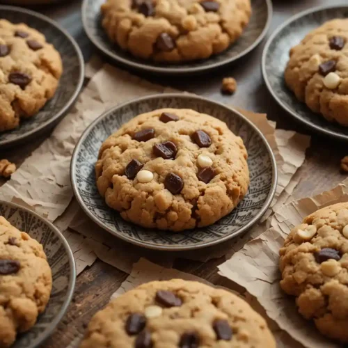 table displaying an assortment of cookie variations on small plates, featuring cookies with extra raisins, chopped walnuts, white chocolate chips, and dark chocolate chunks, alongside a handwritten note labeled "Variations & Ideas," all under warm natural lighting.