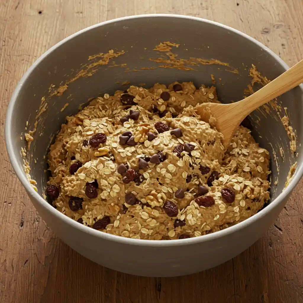 A large bowl on a rustic wooden countertop filled with thick, chunky cookie dough, showing visible rolled oats, chocolate chips, raisins, and chopped walnuts, with a spatula resting beside it under warm natural lighting.