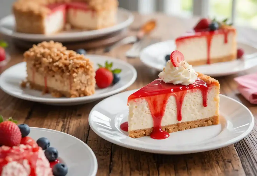 Realistic image of strawberry cheesecake crunch cake variations on white plates: one with chopped nuts, one drizzled with strawberry glaze and whipped cream, and one garnished with extra berries.