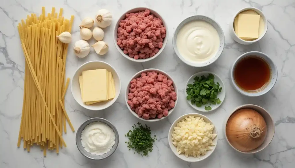 One Pot Creamy Beef and Garlic Butter Pasta 2 Ingredients for one pot creamy beef and garlic butter pasta