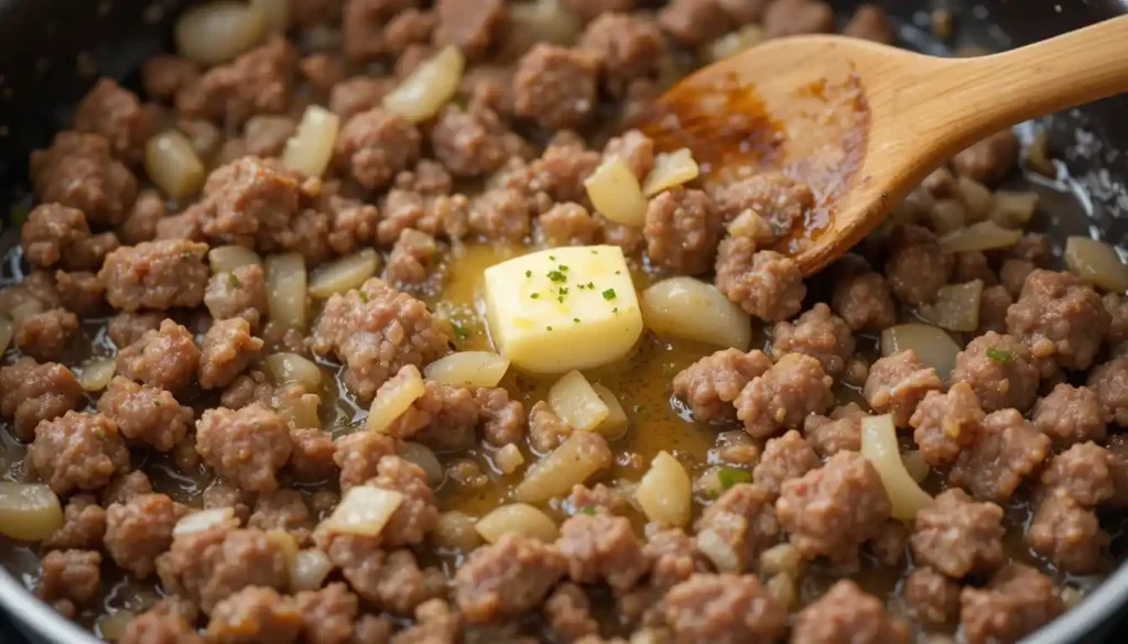 One Pot Creamy Beef and Garlic Butter Pasta 3 Browning ground beef with garlic and butter